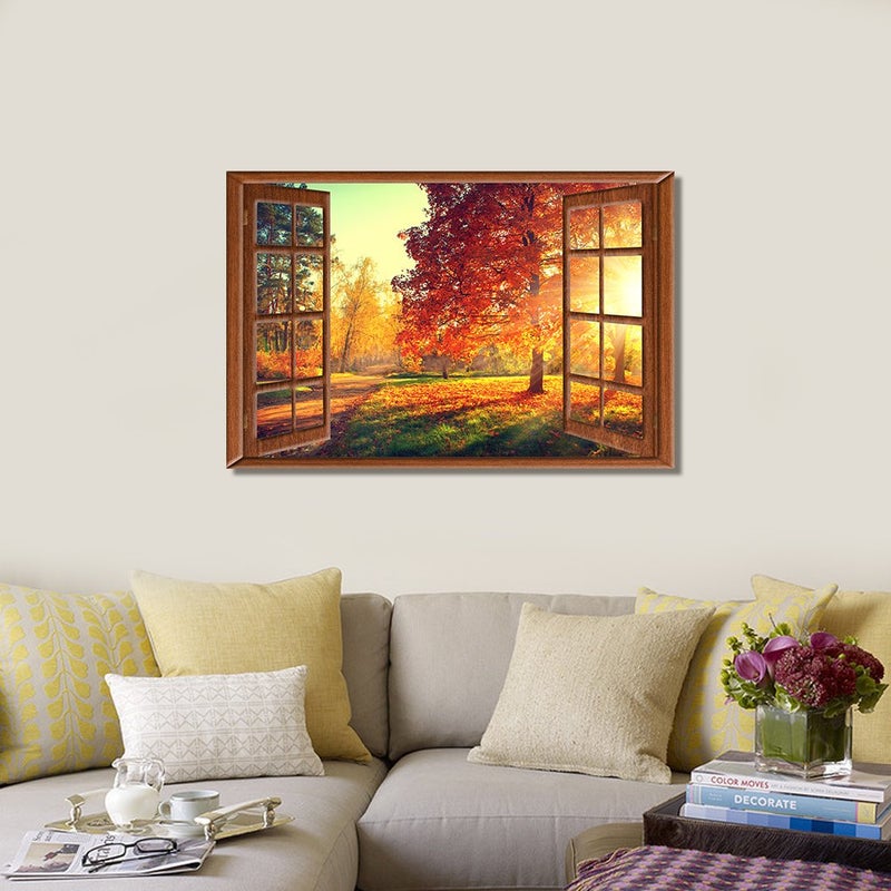 LevvArts Canvas Prints Wall Art,View from Vintage Window of Autumn Scene,Fall Forest Trees in Sun Light Painting Modern Wall Decor,Framed Ready to Hang,-24 x 36 - Image 2